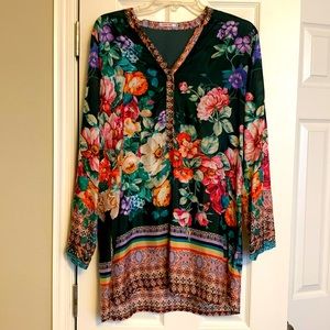 Johnny Was silk top with beautiful flower print all over. 100% silk.